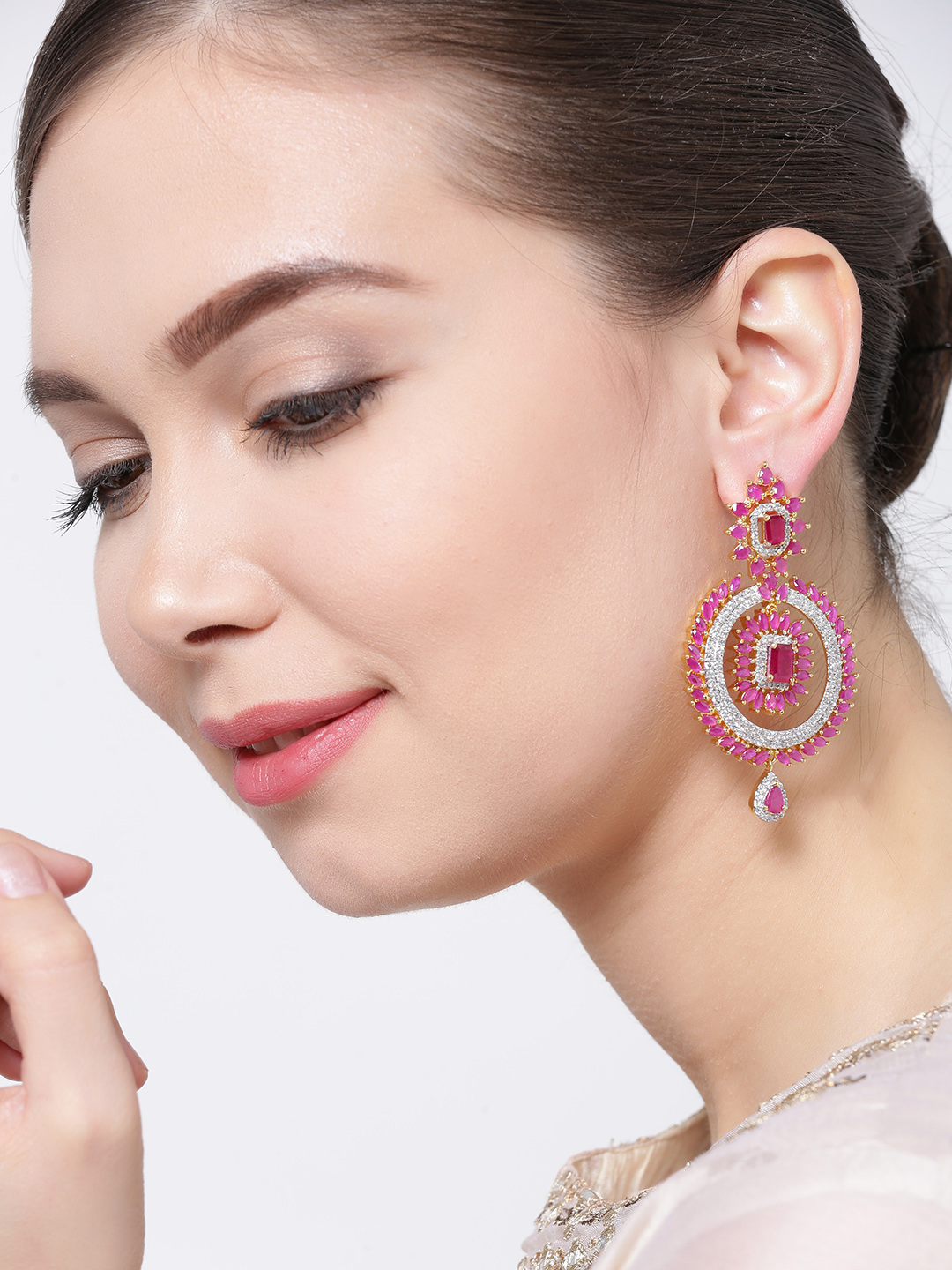 YouBella Magenta Gold-Plated Stone-Studded Drop Earrings